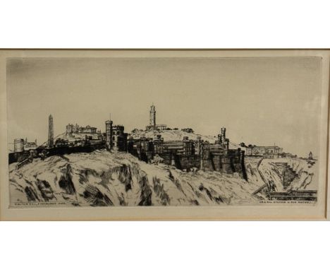 Tom Maxwell, Calton Hill Edinburgh 1929, etching, ebonised glazed frame, (internal 16cm x 32cm)