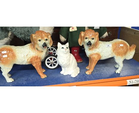 PAIR OF CHINA DOG ORNAMENTS WITH GLASS EYES, BESWICK CAT ORNAMENT