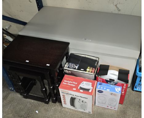 MODERN LEATHER STORAGE OTTOMAN, NEST OF 3 OAK TABLES, 2 BOXED BLOW HEATERS, DESK FAN, VTEC DIGITAL AUDIO BABY MONITORS