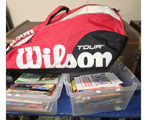 2 BOXES CONTAINING QUANTITY OF VARIOUS FOOTBALL PROGRAMMES, GLASGOW TIGERS SPEEDWAY PROGRAMMES, CAMERA, 3 TENNIS RACKETS