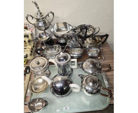 2 TRAYS WITH LARGE QUANTITY OF EP WARE, TEAPOT, COFFEE POT, 4 DOUBLE HANDLED TROPHIES, SAUCE BOAT, COMPORT, BISCUIT BARREL, E