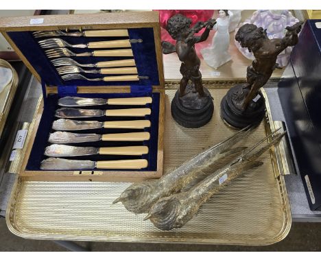 OAK CANTEEN OF BONE HANDLED 6 FISH KNIFES AND FORKS, 2 BRONZED CHERUB ORNAMENTS, 2 EP PEACOCK ORNAMENTS