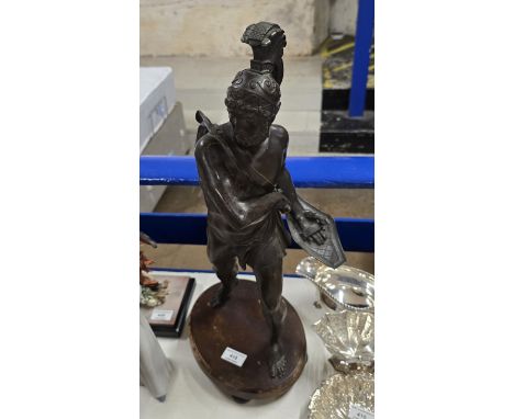 20" BRONZE GREEK SOLDIER SCULPTURE ON WOODEN PLINTH