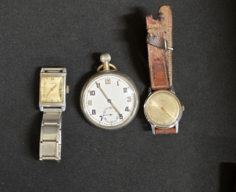 CROW FOOT MILITARY POCKET WATCH, VINTAGE TANK STYLE TIMEX SHOCK RESISTANT WATCH, VINTAGE TIMEX WATCH ON LEATHER STRAP