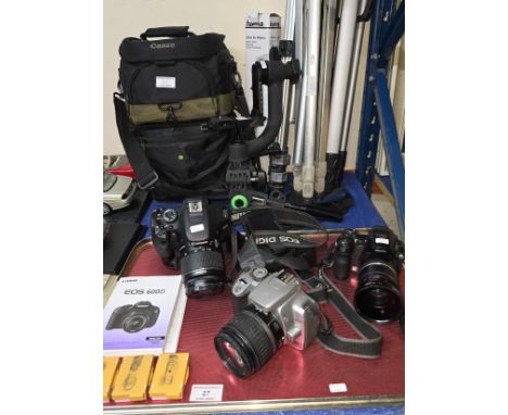 CANON EOS 600D CAMERA, CANON EOS 400D DIGITAL CAMERA, FUJI FILM S5000 FINEPIX CAMERA, QUANTITY OF TRIPOD LEGS, CAMERA STANDS,