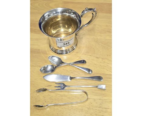 BIRMINGHAM SILVER CHRISTENING MUG, SHEFFIELD SILVER SPOON, BIRMINGHAM SILVER SPOON, BIRMINGHAM SILVER BUTTER KNIFE, SHEFFIELD