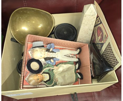 BOX WITH SET OF SCALES, MODERN DISPLAYS, PAIR OF CHINA FACE DOLLS ETC