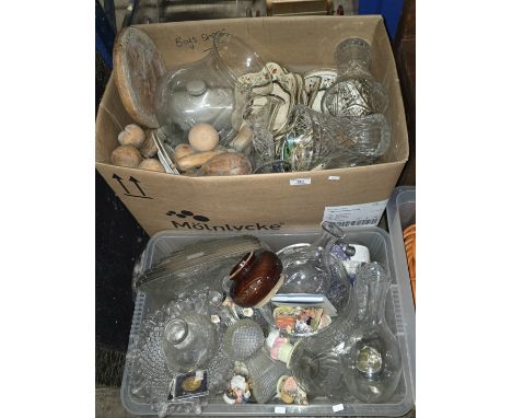 2 BOXES CONTAINING LARGE QUANTITY OF CUT GLASS WARE, CERAMICS, BEATRIX POTTER ORNAMENTS, WOODEN FRUIT, OLD HOT WATER BOTTLES,