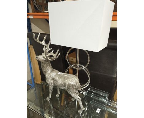 ORNAMENTAL SILVER COLOURED STAG, CHROME FINISHED MODERN TABLE LAMP &amp; SHADE