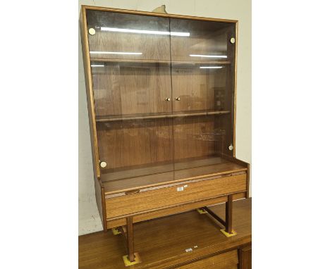 36" MID CENTURY DOUBLE GLASS DOOR BOOKCASE WITH UNDER DRAWER