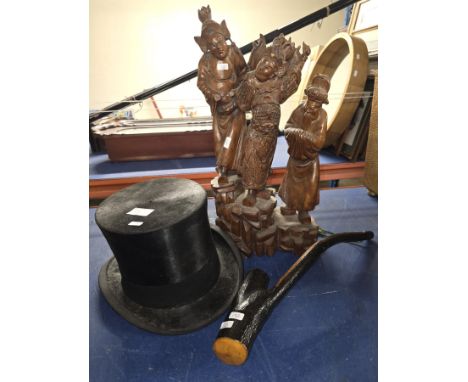 GENTLEMAN'S SILK TOP HAT, IRISH SHILLELAGH FROM KERRYKEEL, CARVED HARDWOOD ORIENTAL FIGURE DISPLAY