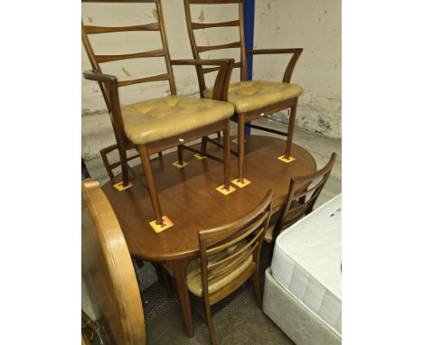 MID CENTURY TEAK DINING TABLE WITH SET OF 6 LADDER BACK STYLE CHAIRS     