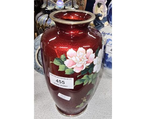 7½" FLORAL CLOISONNE RED VASE