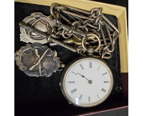 SILVER POCKET WATCH &amp; CHAIN, 2 SILVER POCKET WATCH FOBS