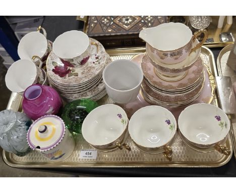 2 PART TEA SETS, POOLE LIDDED PRESERVE DISH, 3 COLOURED GLASS PIECES