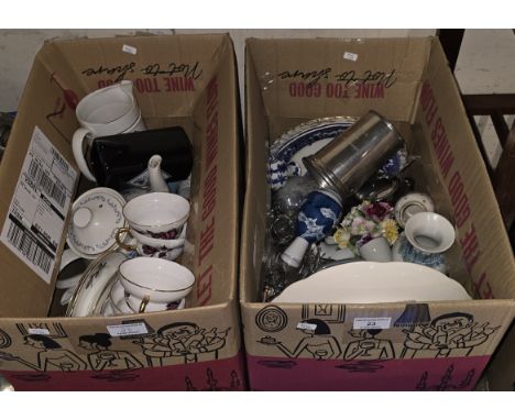 2 BOXES CONTAINING QUANTITY OF VARIOUS WHISKY WATER JUGS, PART ROYAL IMPERIAL TEA SET, LIDDED TEAPOT, CHINA POSE, VARIOUS VAS