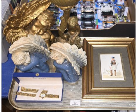 4 CHERUB ORNAMENTS, GILT WATCH AND BRACELET, FRAMED GLASGOW 1845 SIGNED PICTURE