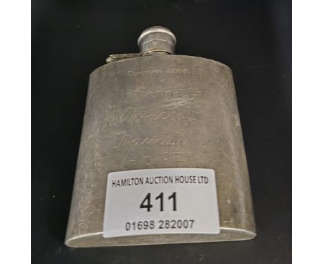 BIRMINGHAM SILVER SMALL HIP FLASK ENGRAVED DUNNORE 1926 FROM NANCY HAMISH, HOPE. WEIGHT APPROX 77 GRAMS