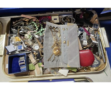 TRAY CONTAINING QUANTITY OF VARIOUS COSTUME JEWELLERY, WATCHES, BANGLES, BRACELETS, NECKLACES ETC