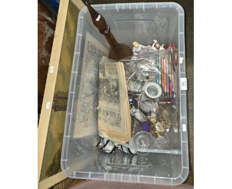 BOX CONTAINING VARIOUS CHINA FIGURE ORNAMENTS, JAPANESE STYLE TEA WARE, MONTY PYTHON SKETCH BOOKS, DECANTER &amp; STOPPER, 2 