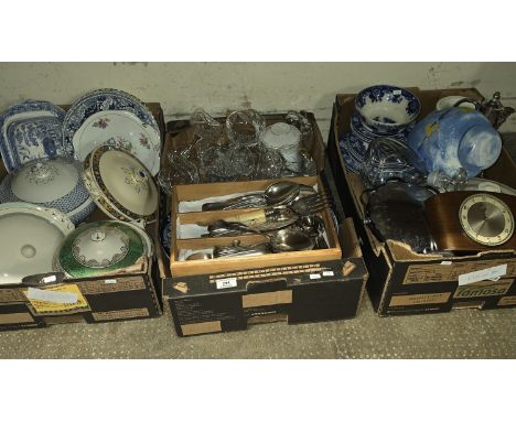 3 BOXES CONTAINING VARIOUS LIDDED TUREENS, USING CUTLERY , MANTLE CLOCK, GINGER JAR, BLUE &amp; WHITE WARE, CUT CRYSTAL GLASS