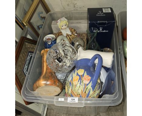 BOX CONTAINING VARIOUS POTTERY JUG, POTTERY VASE, CUT CRYSTAL VASE, ETC