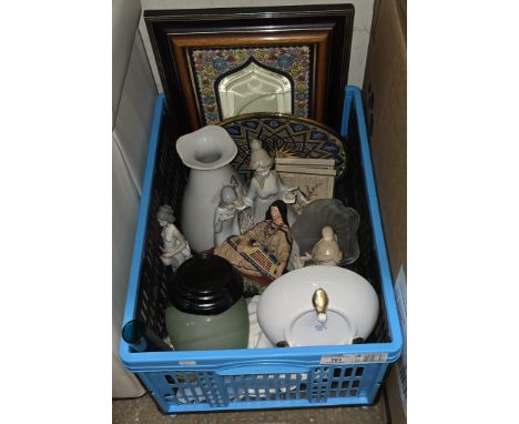 BOX CONTAINING VARIOUS ORNAMENTS, GLASS DISH, VASE, EASTERN STYLE MIRROR, NORITAKE DISH ETC