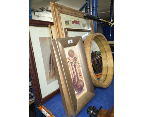 LARGE QUANTITY OF FRAMED PICTURES, TANK STORY PICTURE, FRAMED BARREL STYLE CIRCULAR WALL MIRROR ETC