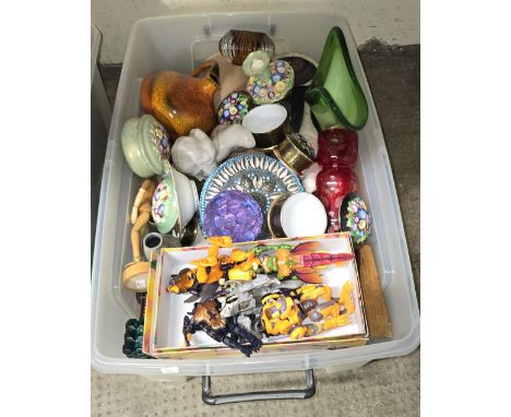 BOX CONTAINING QUANTITY OF VARIOUS TOYS, TUSCAN DRESSING TABLE WARE, COLOURED GLASS VASE, COLOUR GLASS DISHES, SHELL LIDDED D