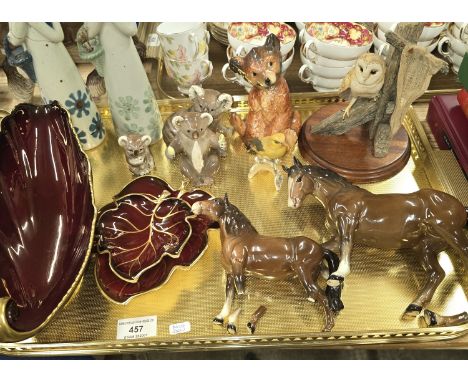 TRAY WITH 3 CARLTON DISHES, BORDER FINE ART BARN OWL ORNAMENT, 2 BESWICK HORSES(DAMAGED) GOEBEL BEAR ORNAMENT, 3 BESWICK KOAL