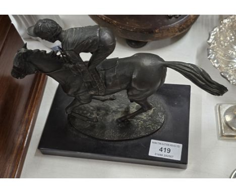 7" BRONZE RACEHORSE &amp; JOCKEY SCULPTURE, CHAMPION FINISH BY DAVID CORNELL DATED 1985