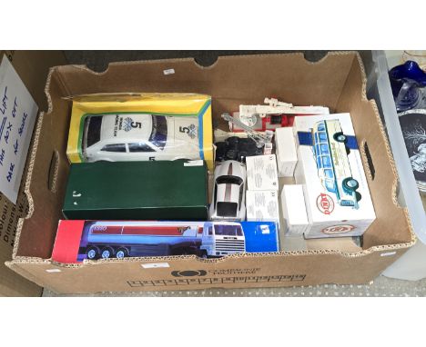 BOX CONTAINING VARIOUS MODEL CARS, TRUCKS , SOME BOXED