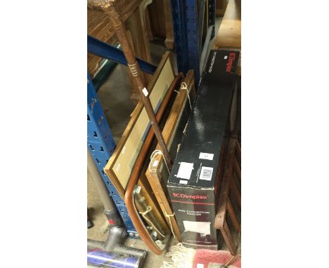 2 FRAMED PICTURES. 70'S MIRROR, WALKING STICK, DIMPLEX HEATER IN BOX