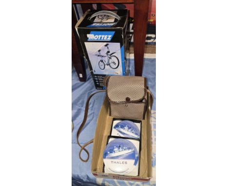 BOXED CAMERA, 2 THAMES COASTER SETS, BIKE STORAGE RACK SYSTEM, SMALL OCCASIONAL TABLE, NATO FLAG