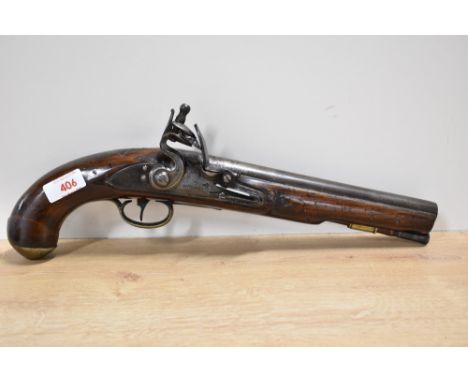 Flintlock pistol early 19th Century by Sutherlands, the barrel, lock and hammer maintaining most of original brown finish, th