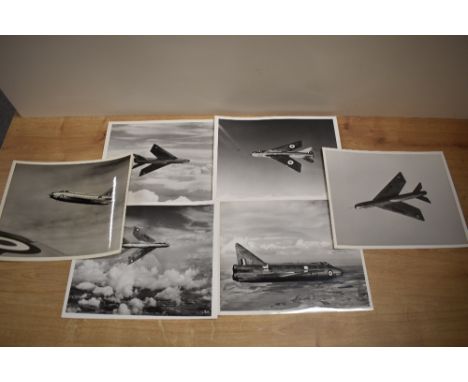 Six English Electric Aircraft Division photographs of the Lightning aircraft, with RAF roundels and in various aspects of fli