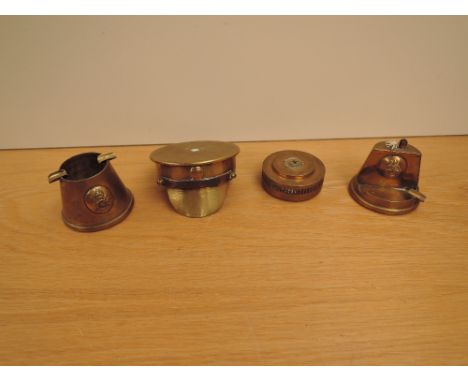 Four pieces of WW1 Trench Art Shell made into a Officers Cap dated 1917 souvenir of War Shell made into a lighter and Ashtray
