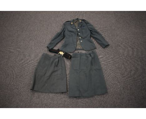 Women's Royal Army Corps grey uniform jacket made by Moss Bros with Officer's rank title, WRAC buttons and GSM ribbon, sold t