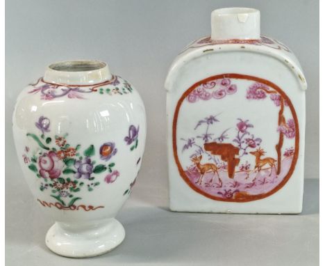 Two Chinese Export porcelain tea caddies, one decorated in puce with iron red enamels, the other in Meissen 'Famille Rose' st