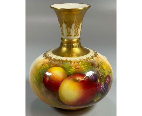 Royal Worcester porcelain bulbous vase, hand-painted with fruits and foliage, by E Townsend. 10cm high approx. Puce printed m