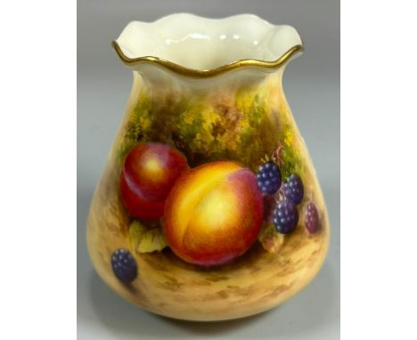 Royal Worcester porcelain purse vase, hand-painted with fruits and foliage. Signed Harry Ayrton, dated 1938. 8.5cm high appro