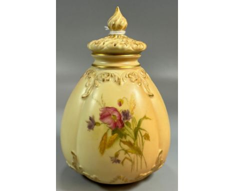 Royal Worcester porcelain blush ivory potpourri vase and cover, hand-painted with floral sprays. 16.5cm high approx. Green pr