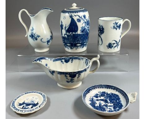 Collection of 18th century Caughley blue and white porcelain items to include: barrel shaped tea caddy and cover in the 'Fish