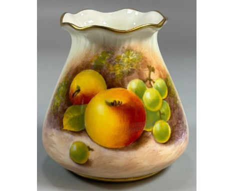 Royal Worcester porcelain purse vase, hand-painted with fruits by Leighton Maybury. 8.5cm high approx.  Black printed marks t