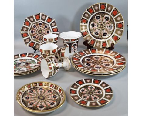 Collection of Royal Crown Derby English bone china 'Imari' design items to include: set of four goblets (12.5cm high approx.)