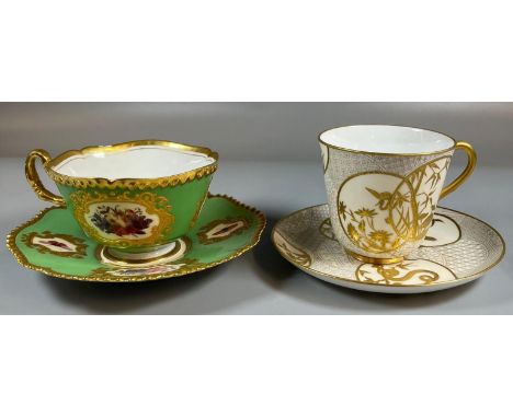 19th century Royal Worcester porcelain cabinet cup and saucer, gilt decorated with cranes, butterflies, snakes and foliage by