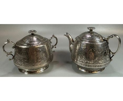 White metal Persian part tea service, overall engraved with reserve panels of figures with horses, having flowerhead finials,