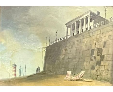 Felix Kelly (British/New Zealand, 1914-1994), study of a seawall with deckchairs and distant lighthouse, probably a preparato