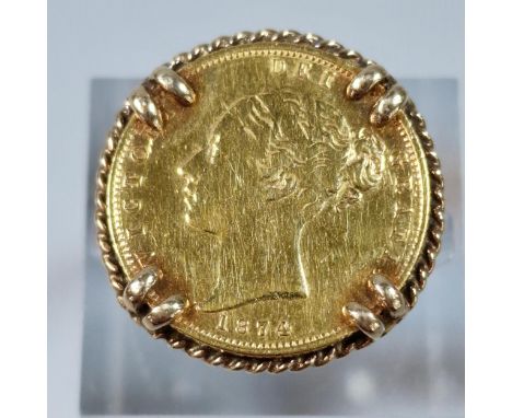 Victorian gold half sovereign dated 1874, in 9ct gold ring mount. 8.7g approx. Size J1/2. (B.P. 21% + VAT)