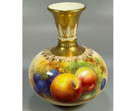 Royal Worcester porcelain bulbous vase, with flared neck, decorated with fruit, hand-pained by Horace Price. 11cm high approx